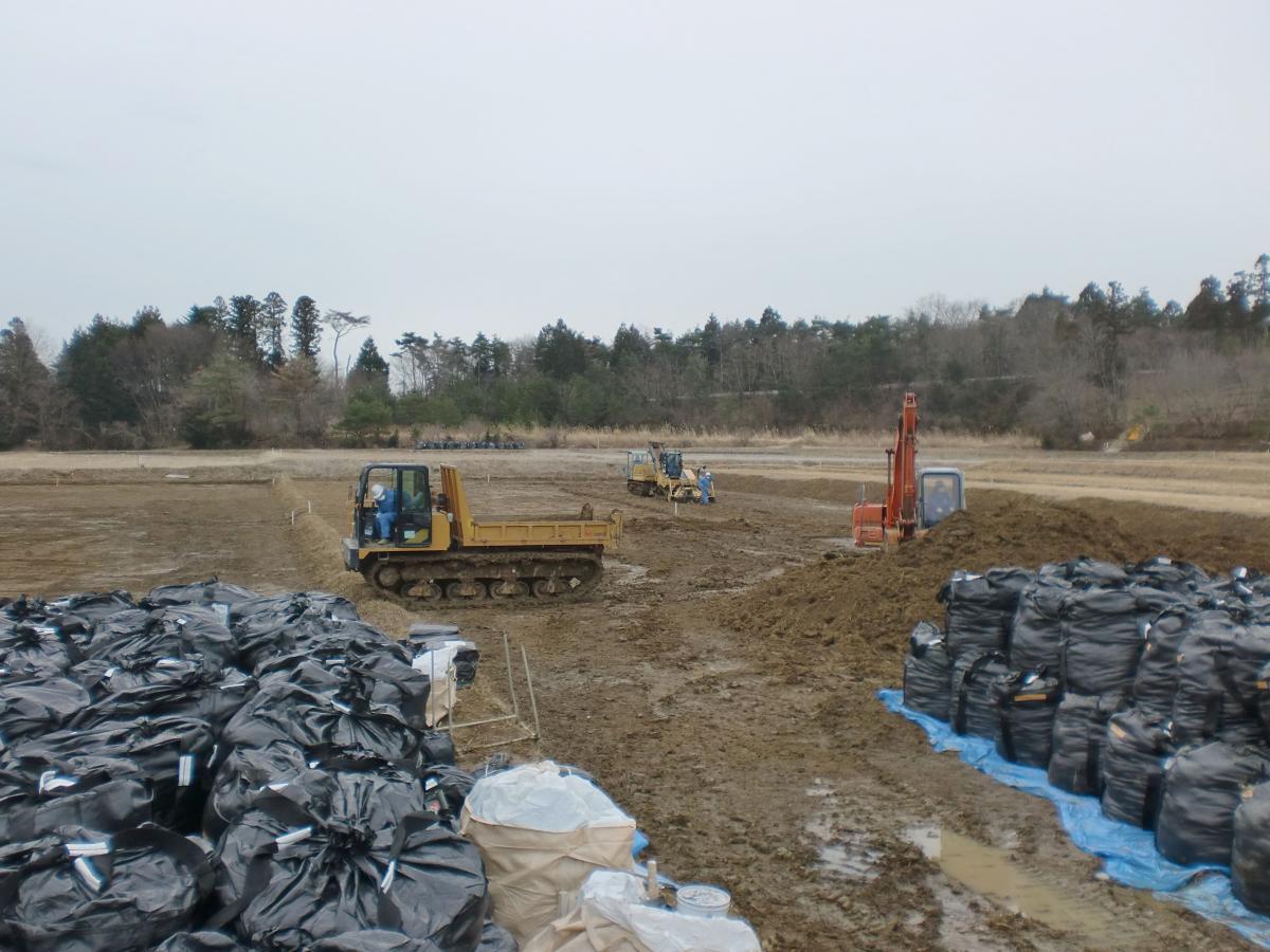 表土の剥ぎ取り作業が進む農地と、剥ぎ取られた土を入れた大量のフレコンバッグ
