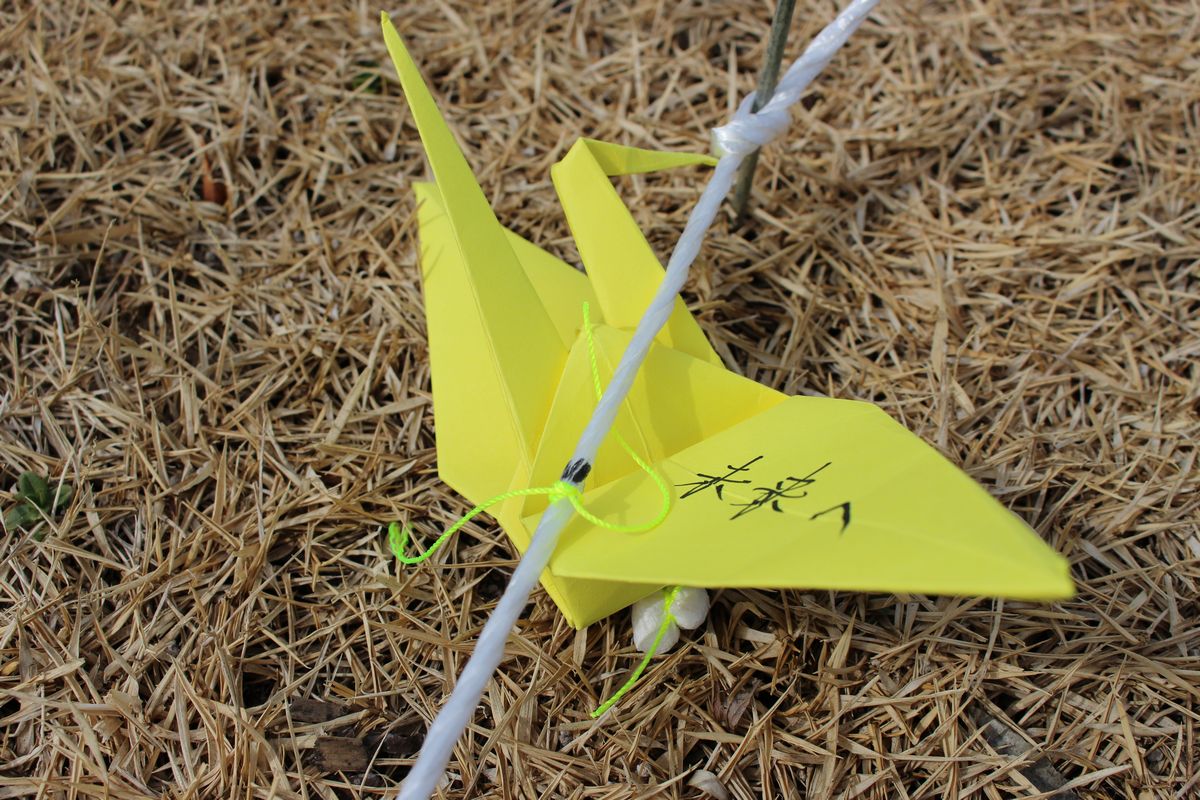 折り鶴に「未来へ」と書かれたメッセージ