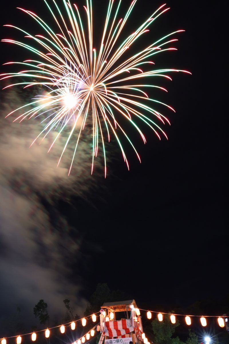 祭りのフィナーレは、大熊町観光協会の打ち上げ花火。役場庁舎近くの頭森公園から打ち上げられました。来場者は役場前広場の芝生やビアガーデン会場など好きな場所からこの夏最後の花火を眺めました。