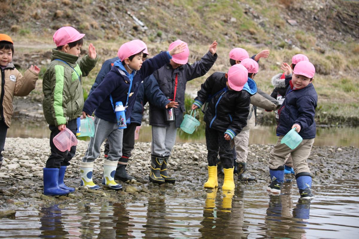 放流したサケを目で追いながら手を振る園児たち