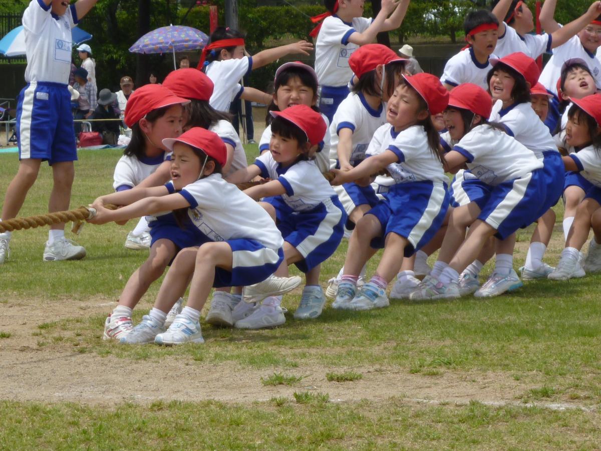 一生懸命に綱を引く1年生とそれを応援する6年生