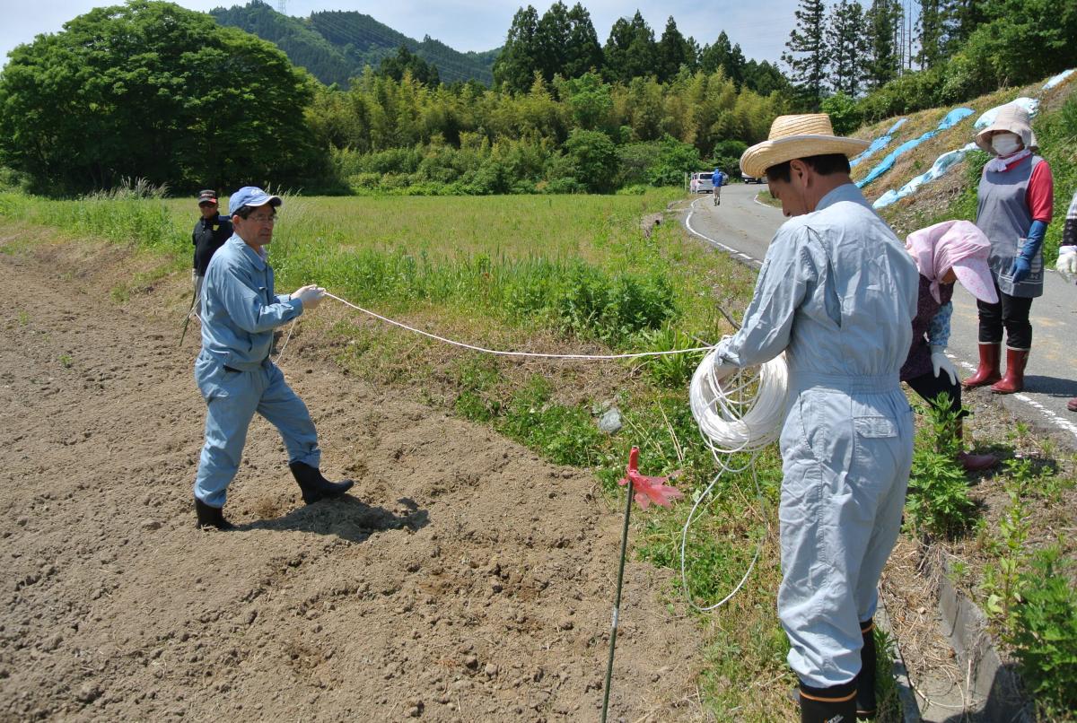 種まきの準備をする関係者