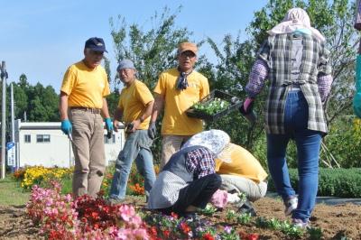 長野・山梨の団体が花の苗を植え付けしている写真です