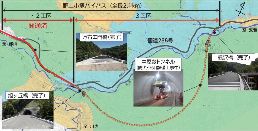 開通した国道288号野上小塚バイパス1・2工区の図