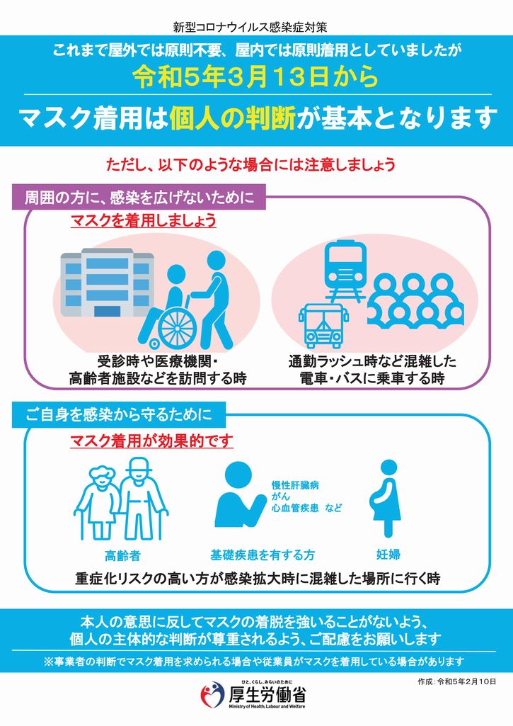 令和5年3月13日からマスク着用は個人の判断が基本となります（厚生労働省）