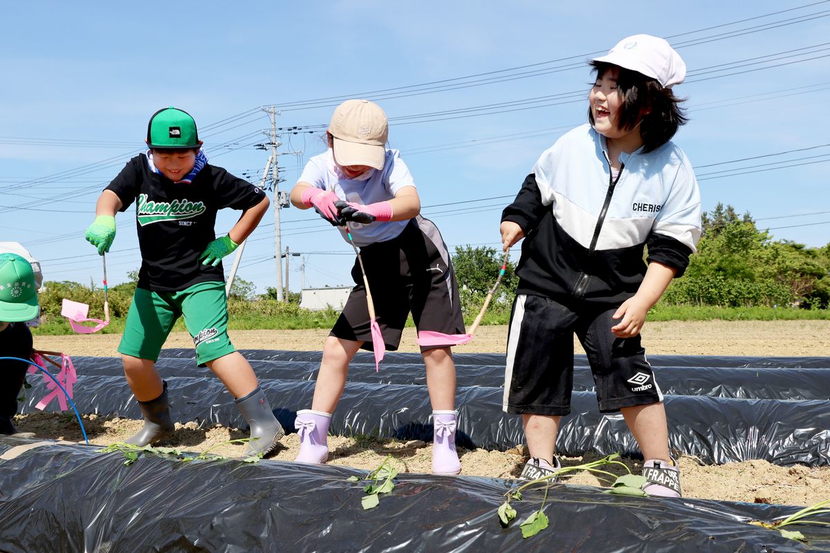 苗植えを終えた3人の児童は何やら不思議な動き。よく育つようにと願いを込めているのでしょうか。