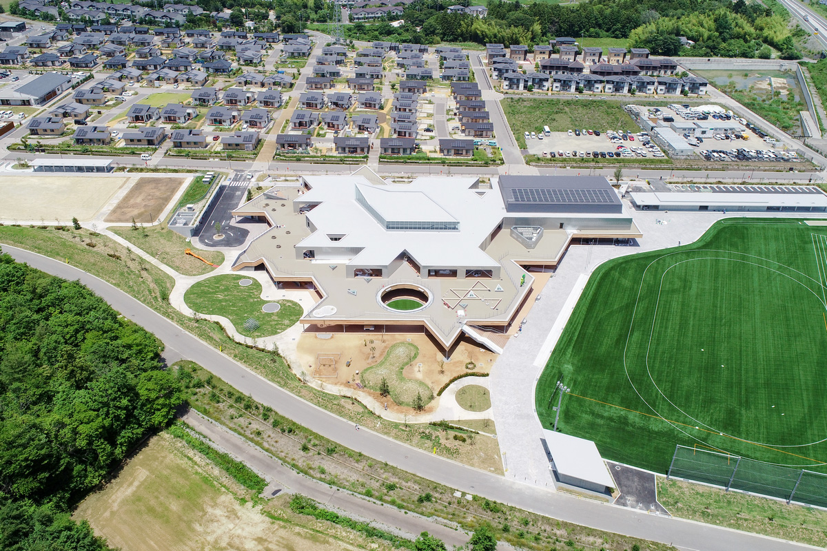 施設の外観を紹介します。新校舎西側に農業体験ができる学校菜園。南側に地上と屋上、築山など高低差を生かした園庭・校庭や丸い開放屋根が特徴的なみんなの中庭。東側に2つの体育施設があり、地域住民の利用も可能です。また、防災機能の強化として災害時の避難所を想定したアリーナと防災備蓄倉庫を設置しています。その他、人口芝の屋外運動場があります。