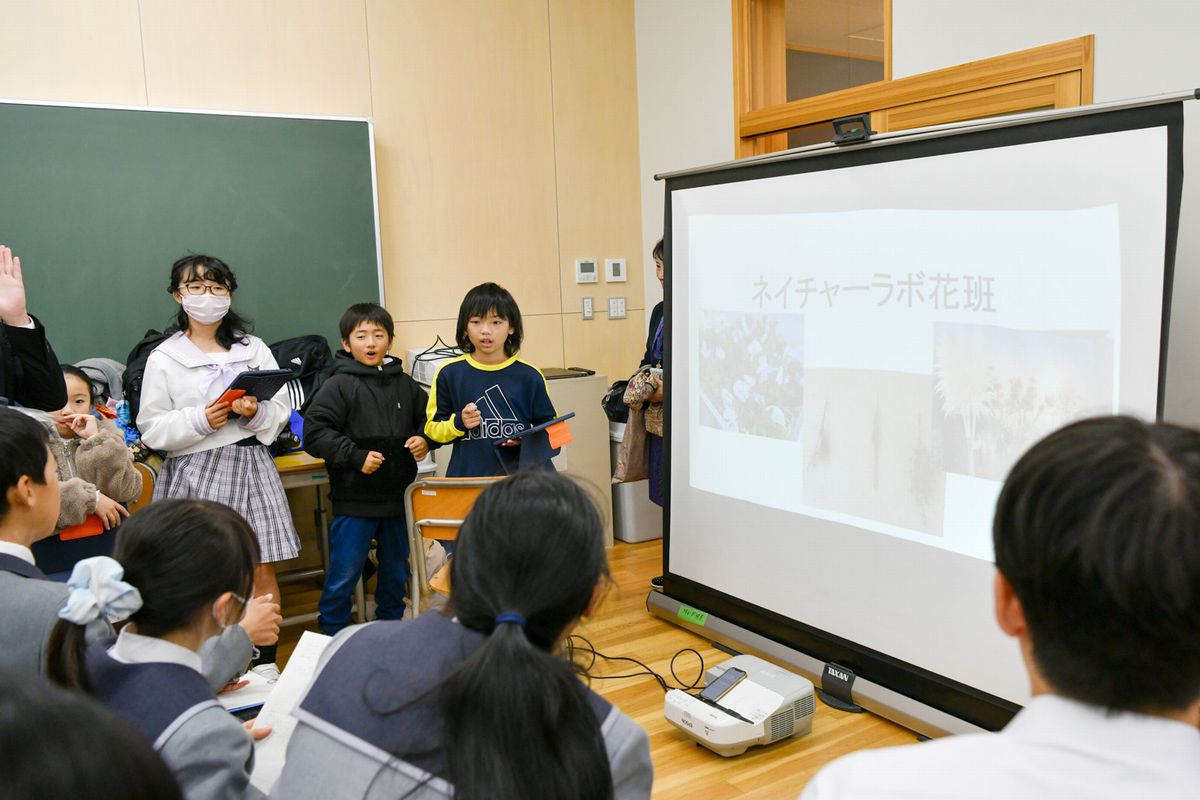 各班に分かれて発表と意見交換を行う児童生徒ら