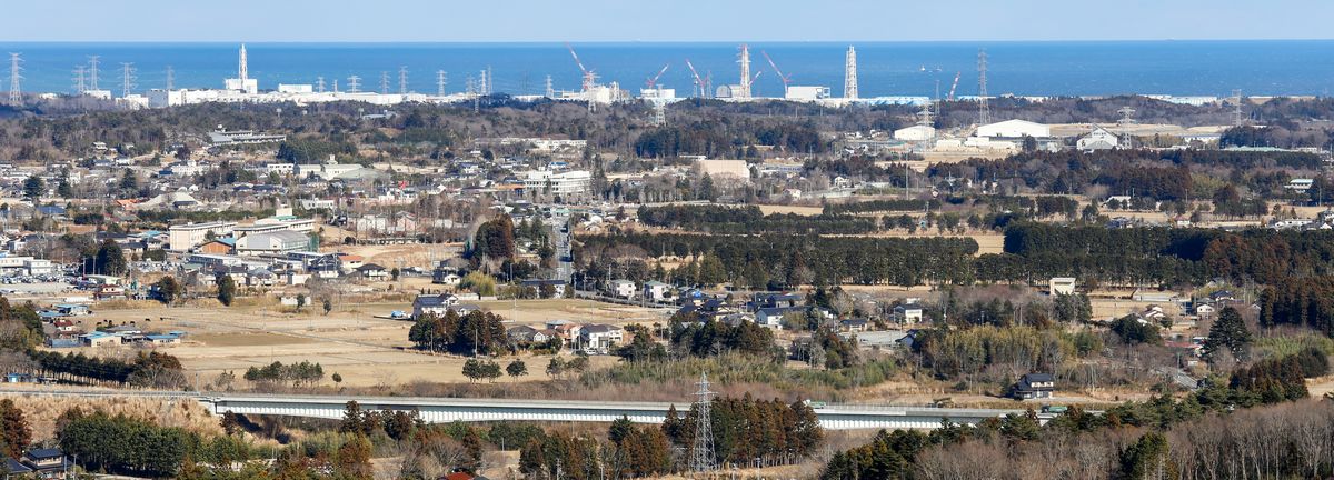 2024年3月11日で、東日本大震災と東京電力福島第一原発事故の発生から13年を迎えます。2019年4月の大川原、中屋敷地区の避難指示解除から間もなく5年となる町内では、一歩ずつ復興の歩みが進められ、2023年4月には町内での教育再開を果たしました。写真は2021年2月、大川原地区から福島第一原発の方角を撮影したものです。現在整備中の原再生賃貸住宅（中央付近）が整備される前の様子がわかります。