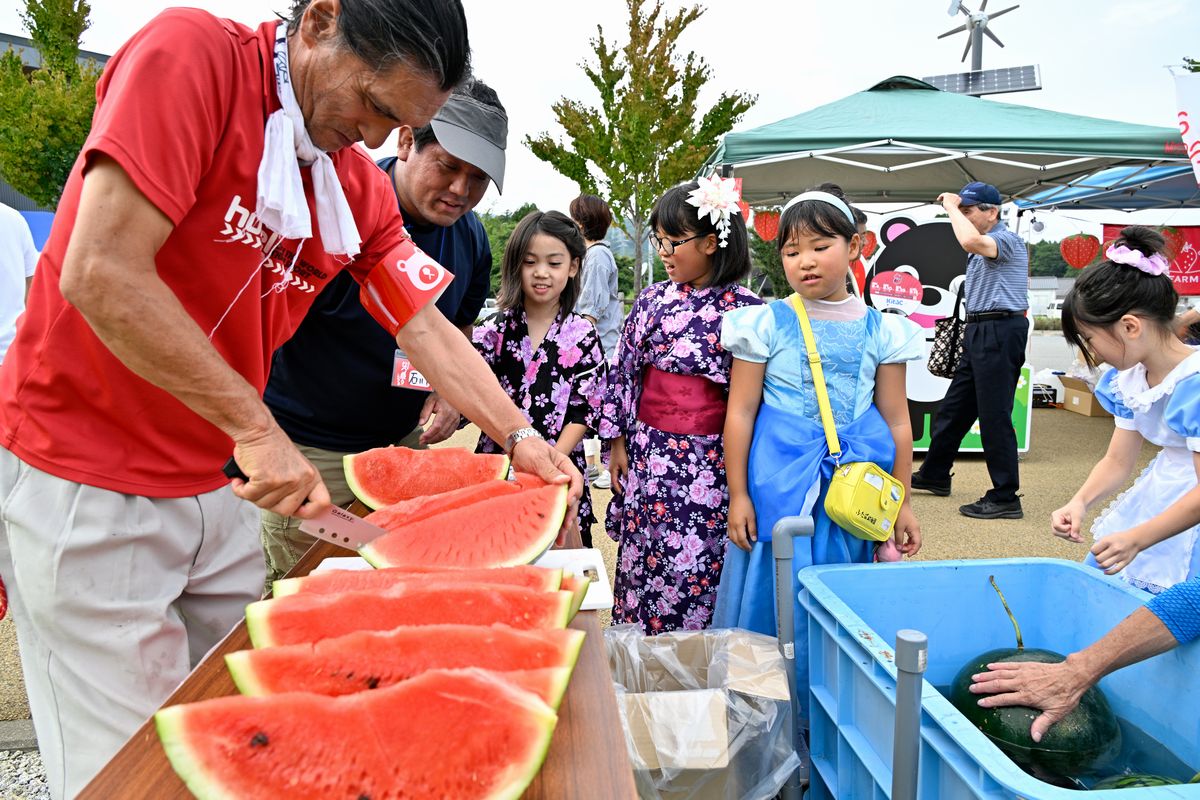 早食い大会で食べるスイカを切り分ける担当者。子どもたちは並べられたスイカが気になるようです。