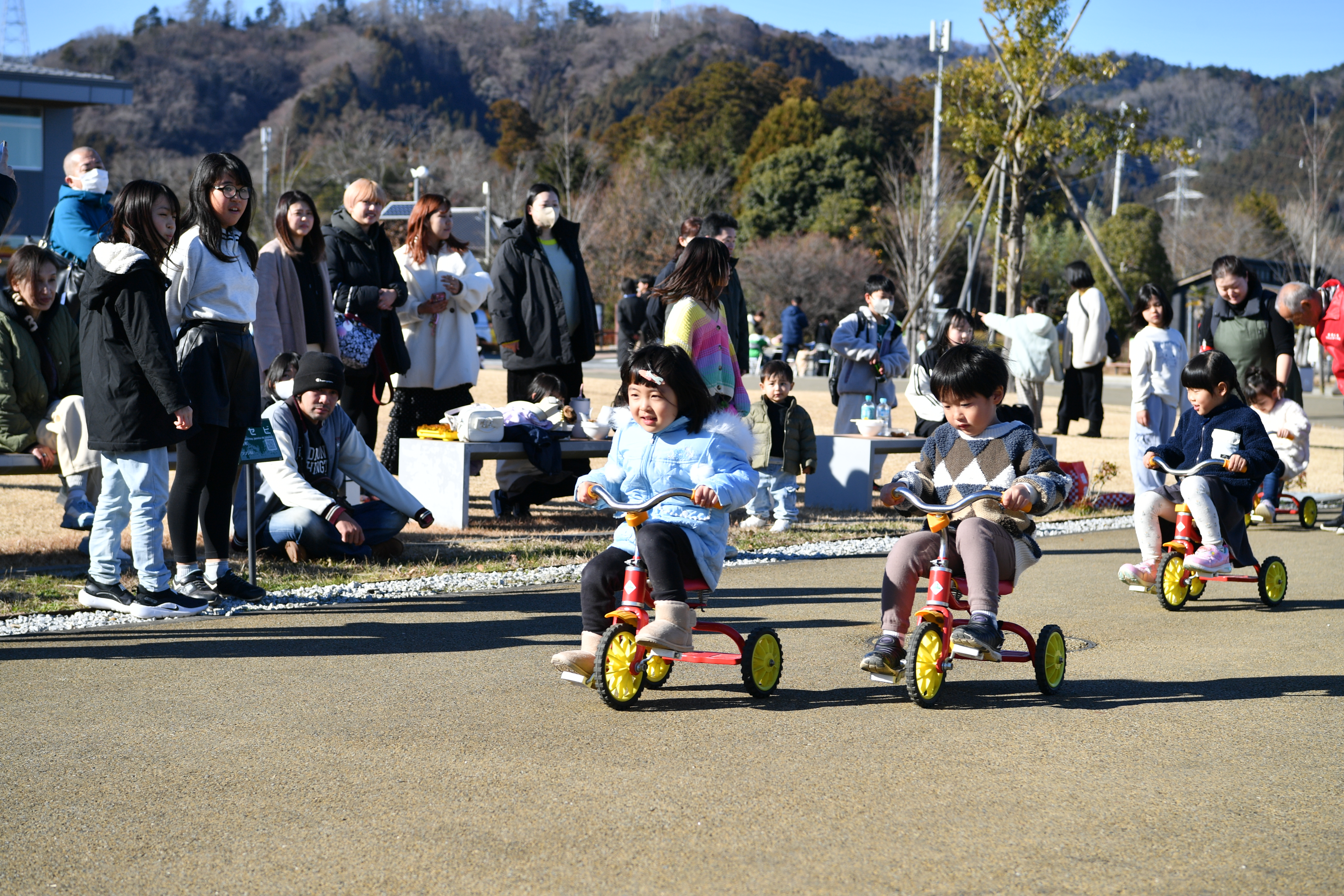 観客らの声援を浴びて熱戦が繰り広げられた三輪車レース。
