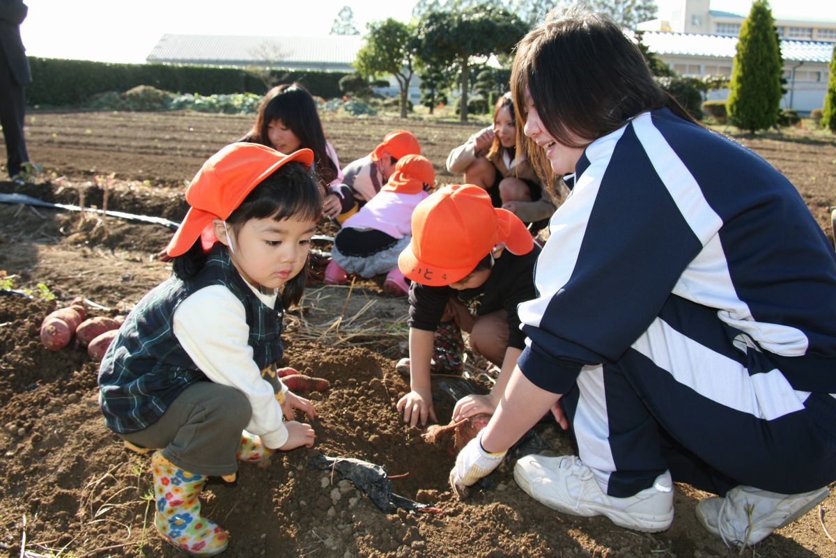 真剣な表情で土を掘り起こす園児たち