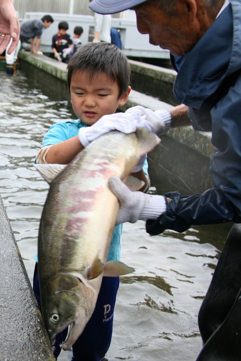 見事な鮭をつかみ取り力強く抱える男の子