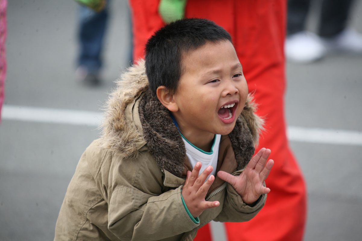 仮面ライダーショーで大きな声を出して応援する男の子