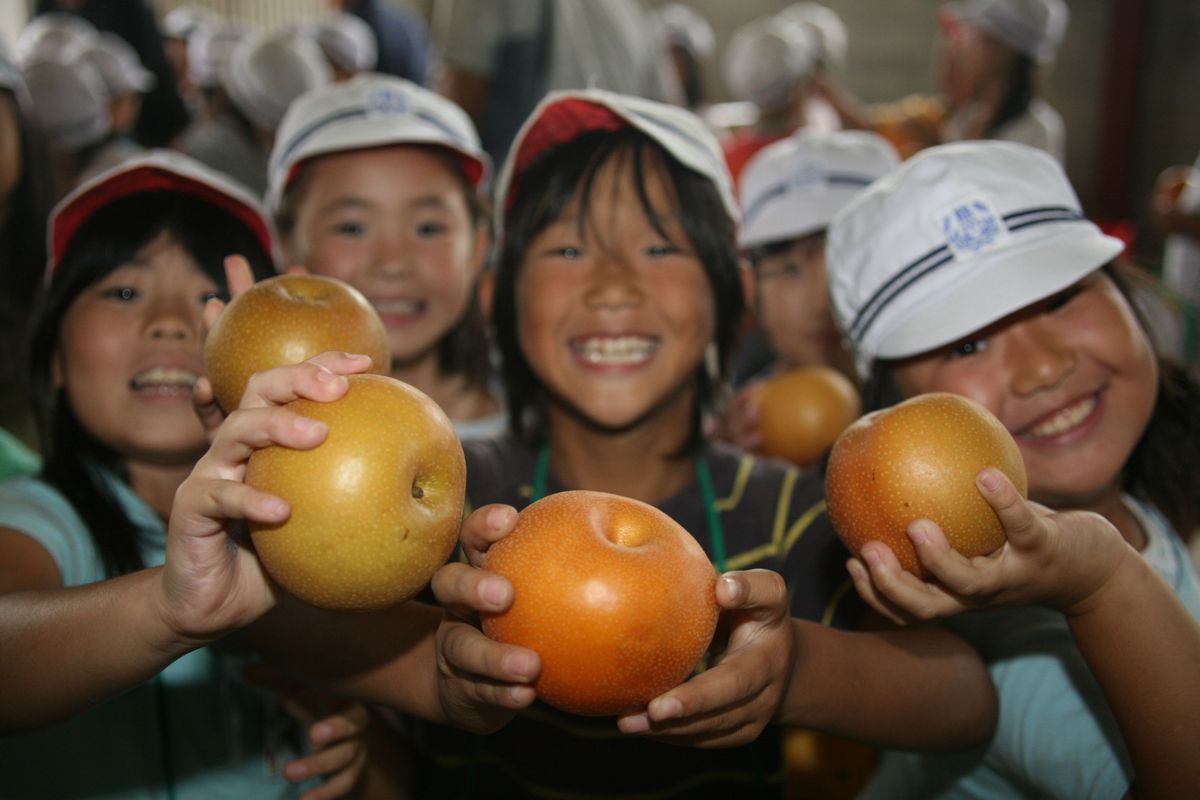 美味しそうな梨を持って笑顔で記念撮影する児童