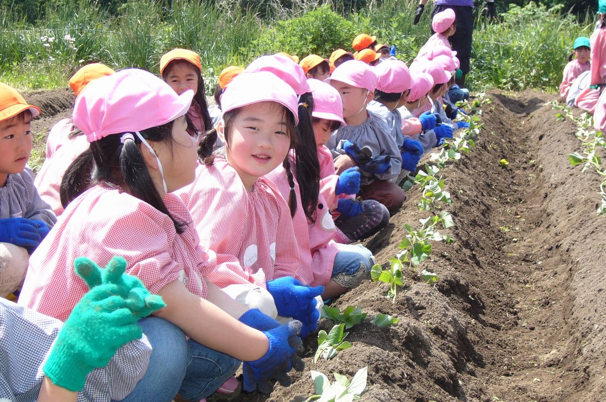 苗が植え終わった畑を見て満足そうに微笑む園児たち