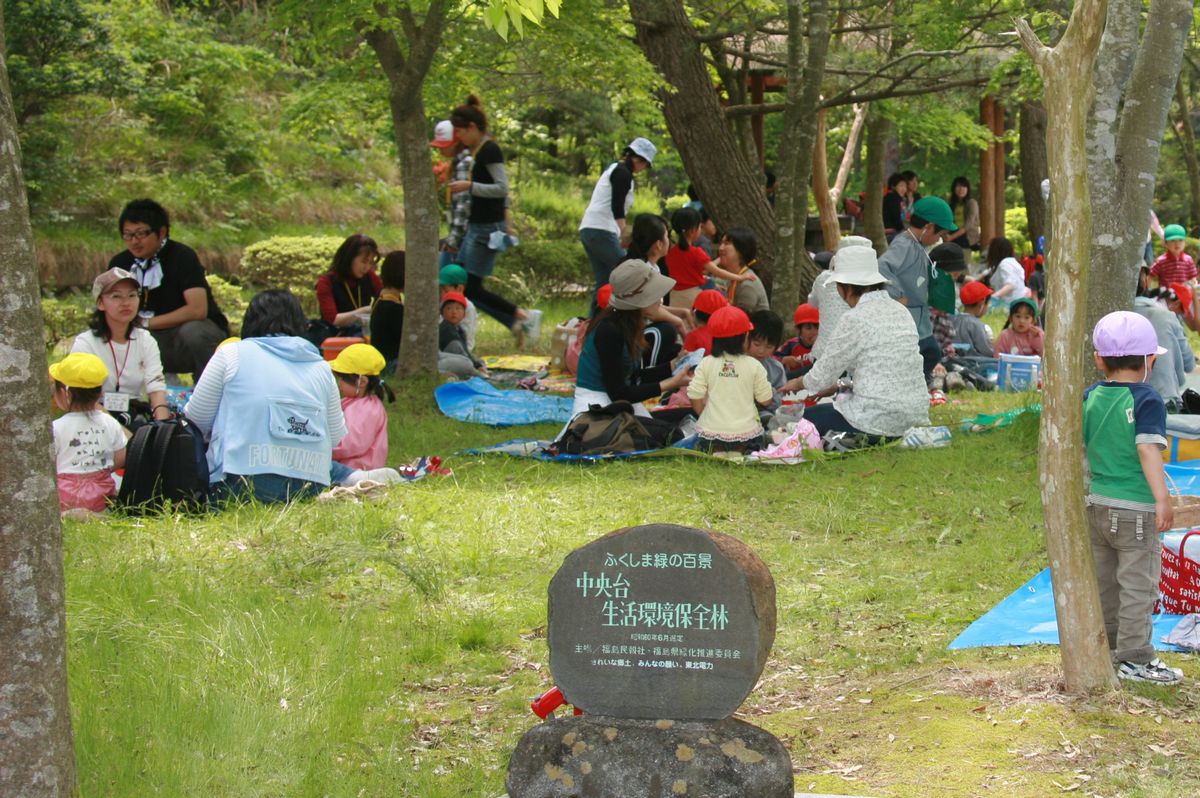 中央台生活環境保全林の広場で家族やお友だちとお弁当を食べる園児たち（2）