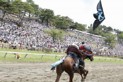 人馬一体となり、屋号の旗をなびかせて疾駆する騎馬武者